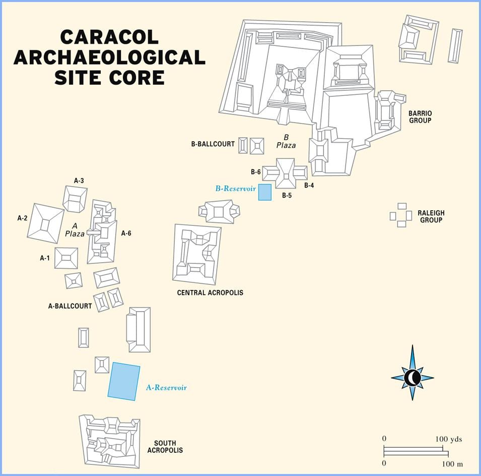 caracol mga lugar ng pagkasira ng Belize mapa