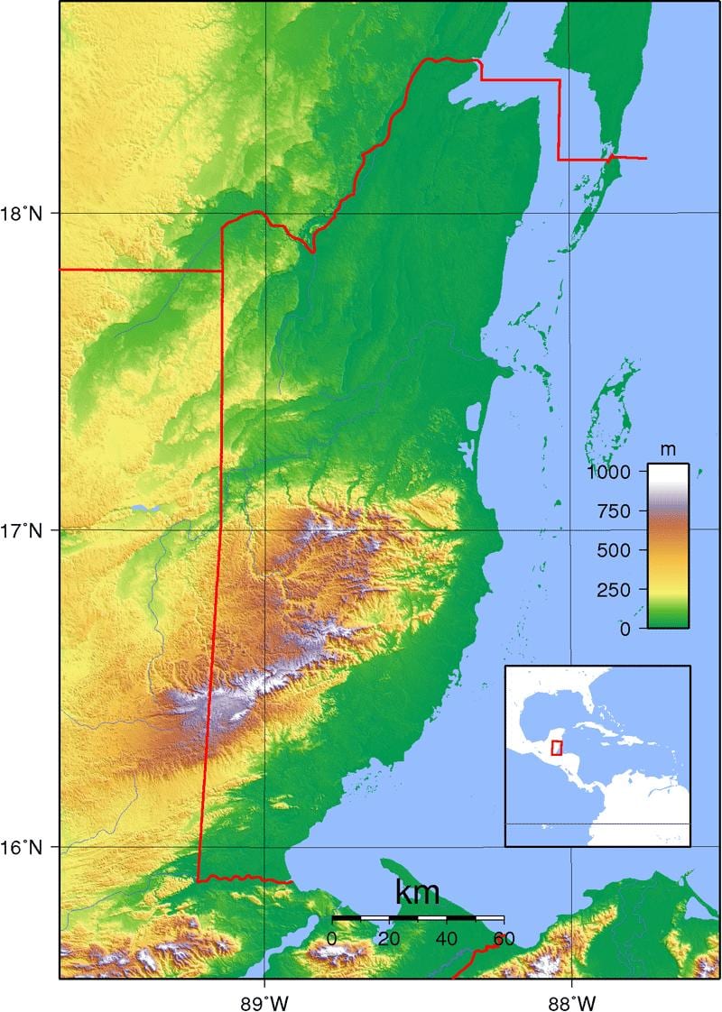 Mapa ng pisikal na Belize